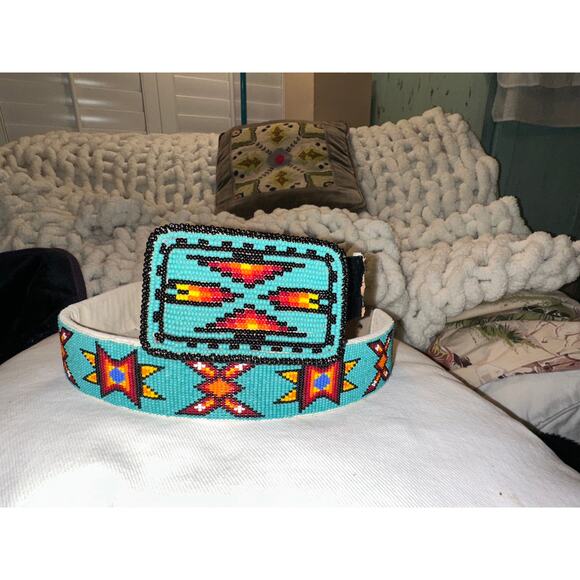 VINTAGE NATIVE TURQUOISE BEADED LEATHER BELT & MATCHING BUCKLE - Picture 1 of 16